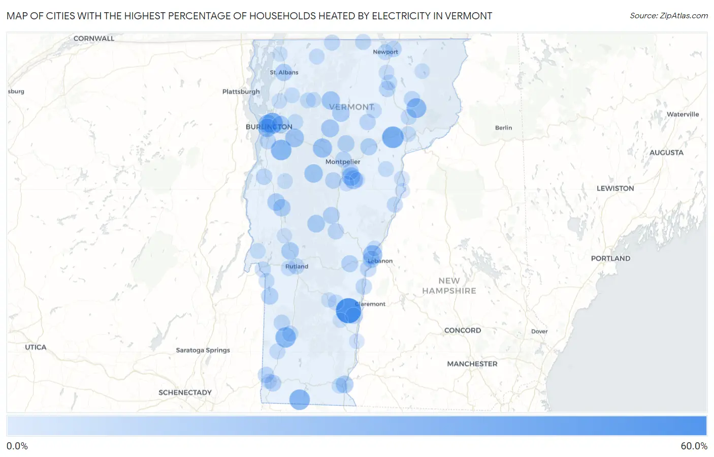 Cities with the Highest Percentage of Households Heated by Electricity in Vermont Map