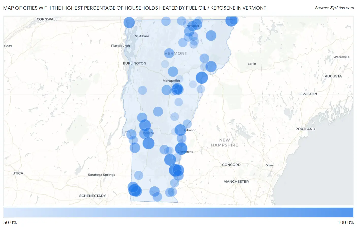 Cities with the Highest Percentage of Households Heated by Fuel Oil / Kerosene in Vermont Map