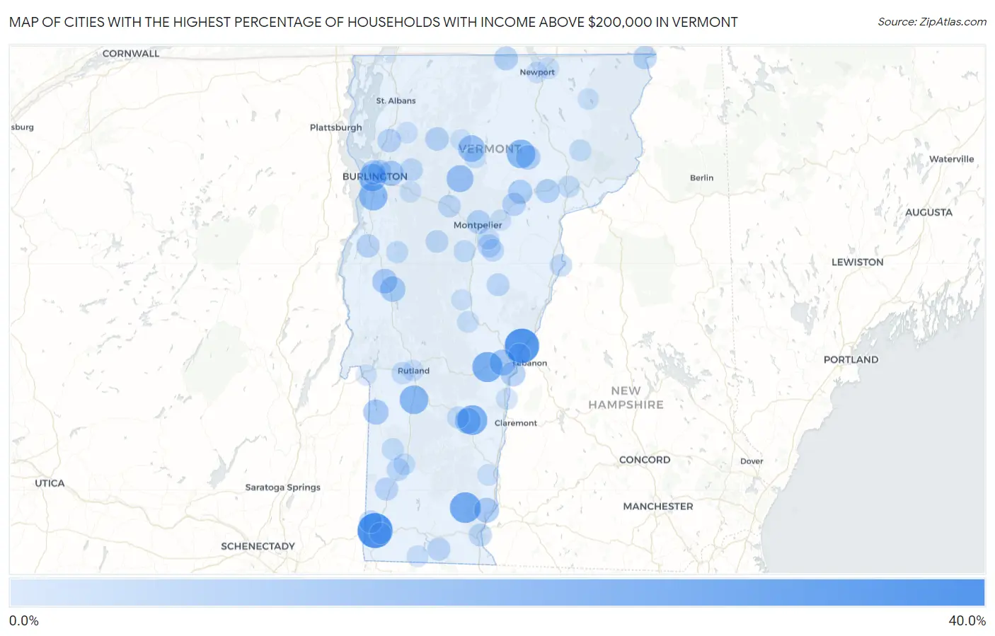 Cities with the Highest Percentage of Households with Income Above $200,000 in Vermont Map