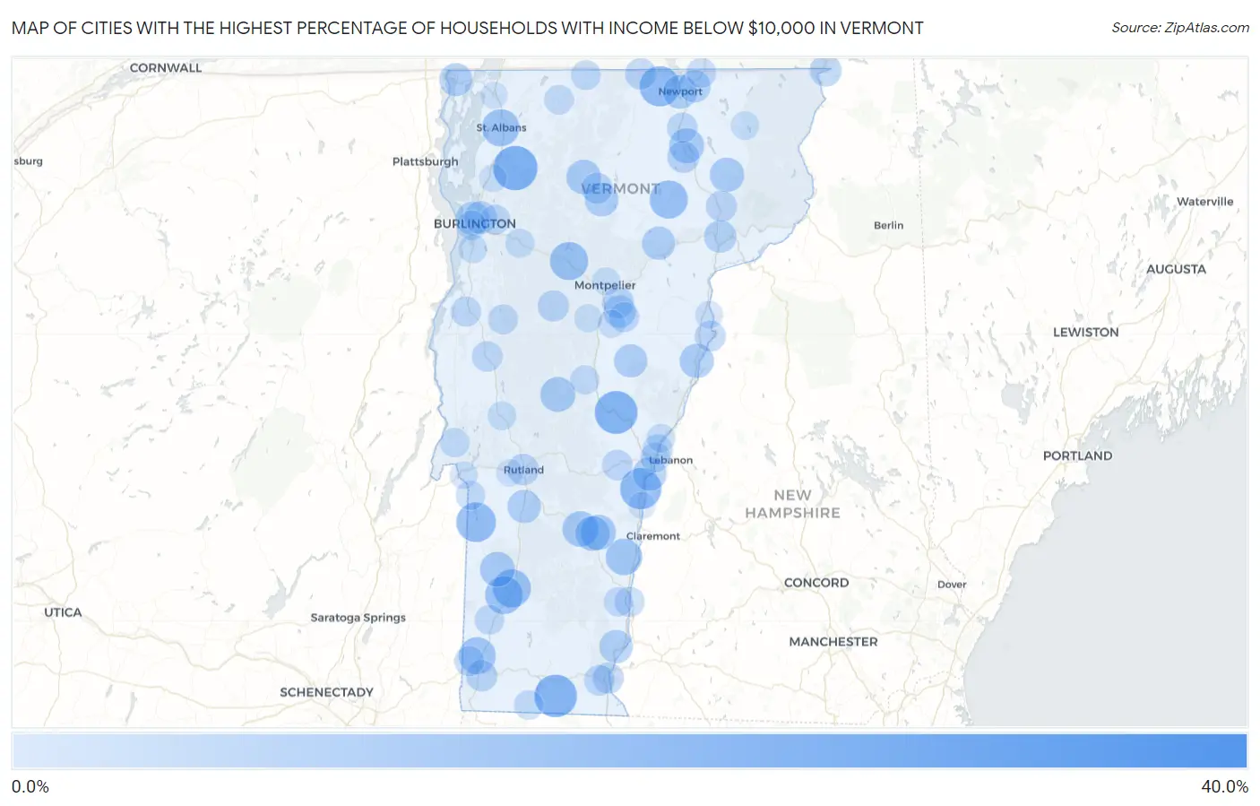 Cities with the Highest Percentage of Households with Income Below $10,000 in Vermont Map