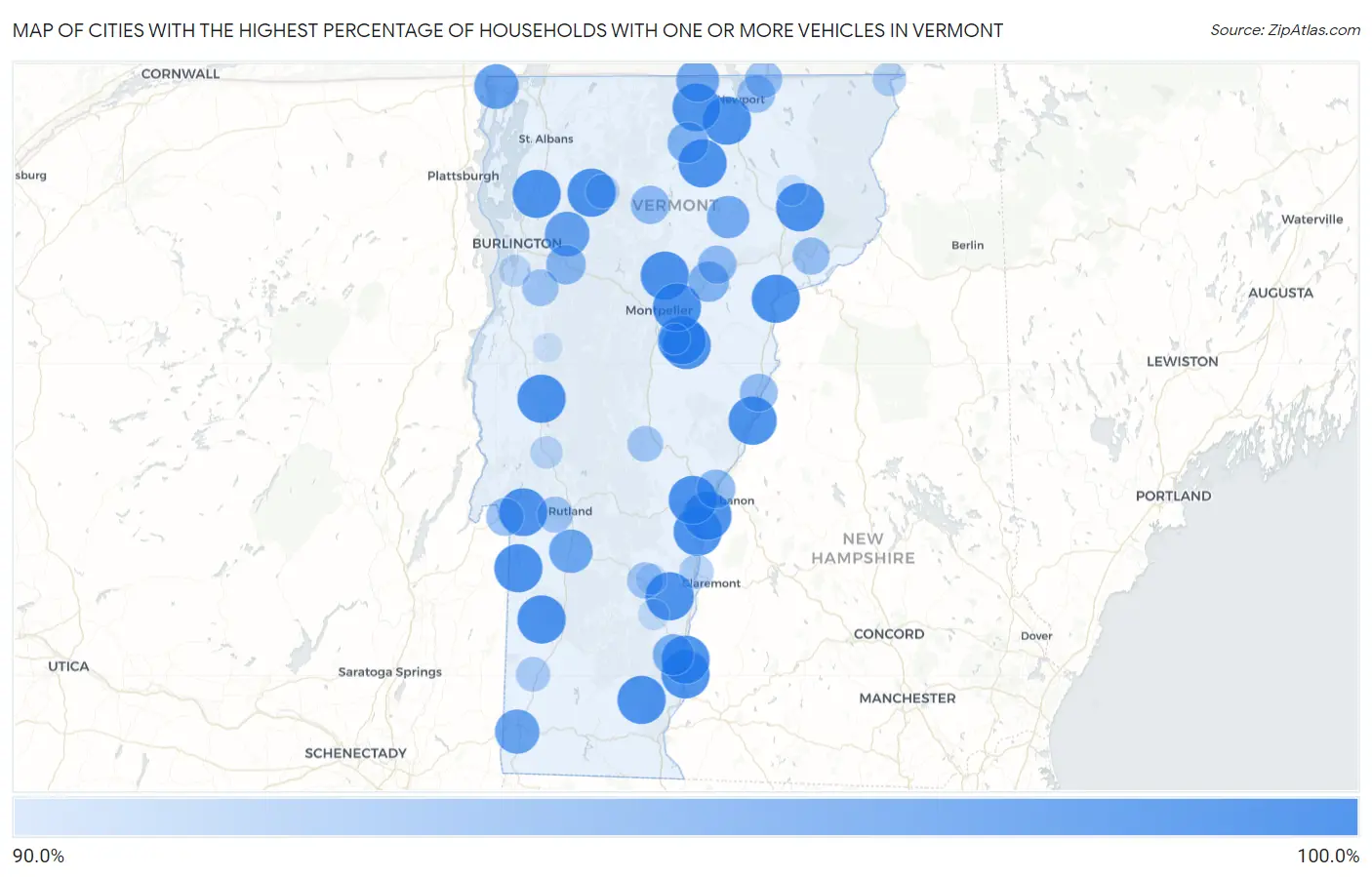 Cities with the Highest Percentage of Households With One or more Vehicles in Vermont Map