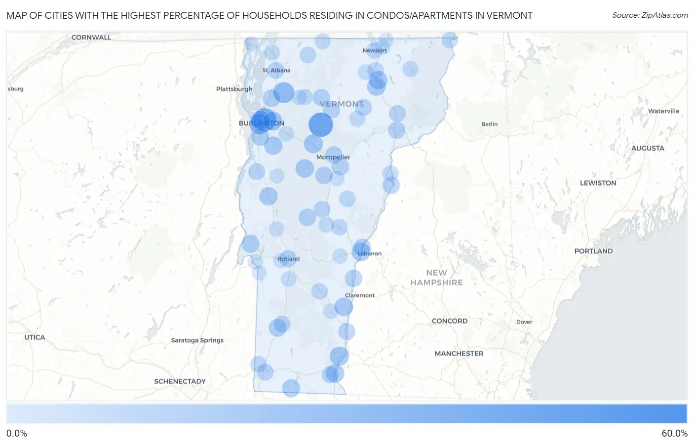 Cities with the Highest Percentage of Households Residing in Condos/Apartments in Vermont Map