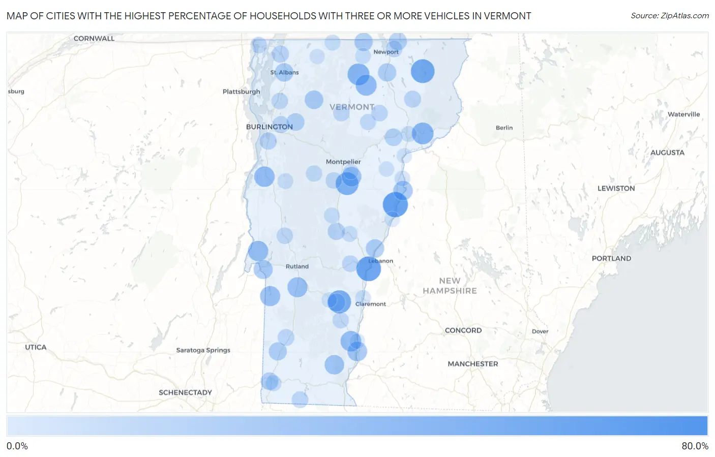 Cities with the Highest Percentage of Households With Three or more Vehicles in Vermont Map