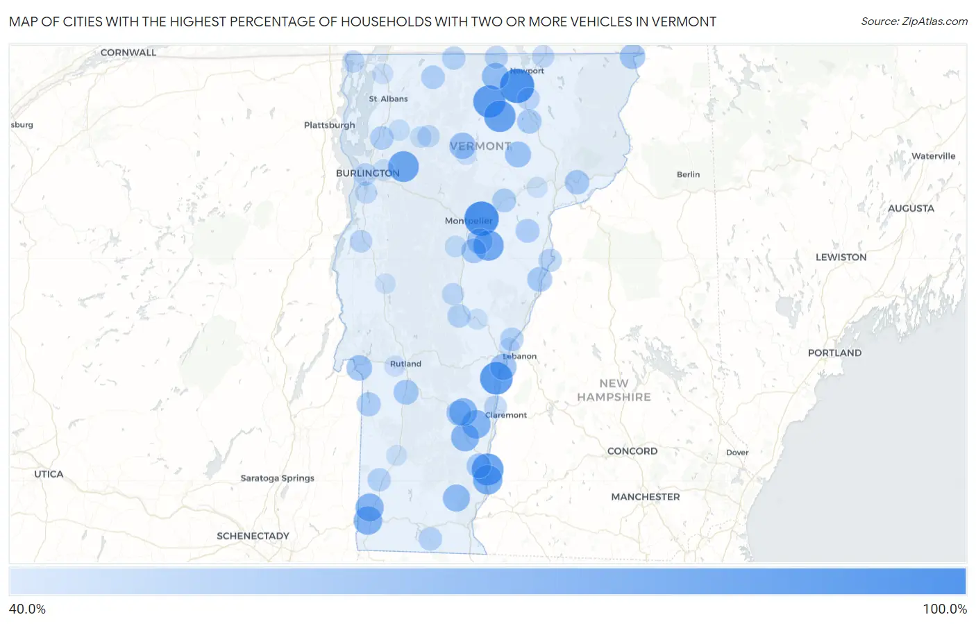 Cities with the Highest Percentage of Households With Two or more Vehicles in Vermont Map