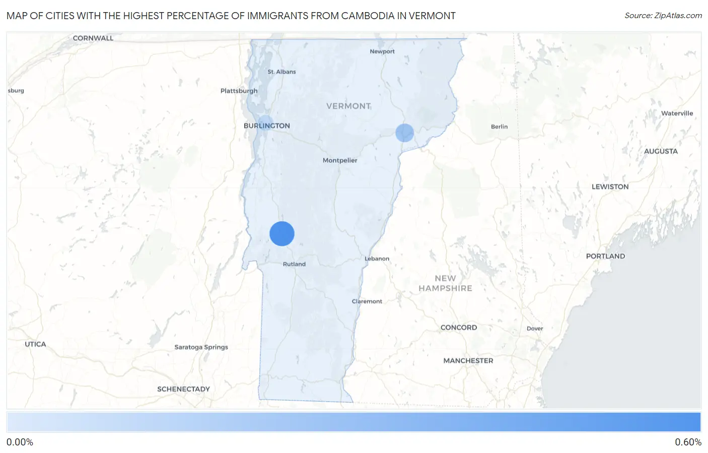 Cities with the Highest Percentage of Immigrants from Cambodia in Vermont Map