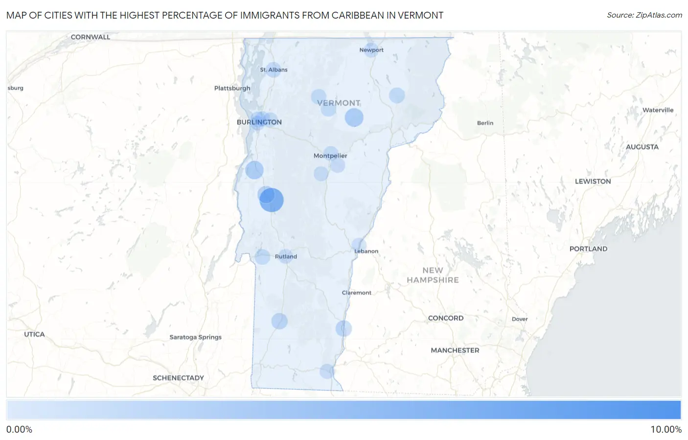 Cities with the Highest Percentage of Immigrants from Caribbean in Vermont Map