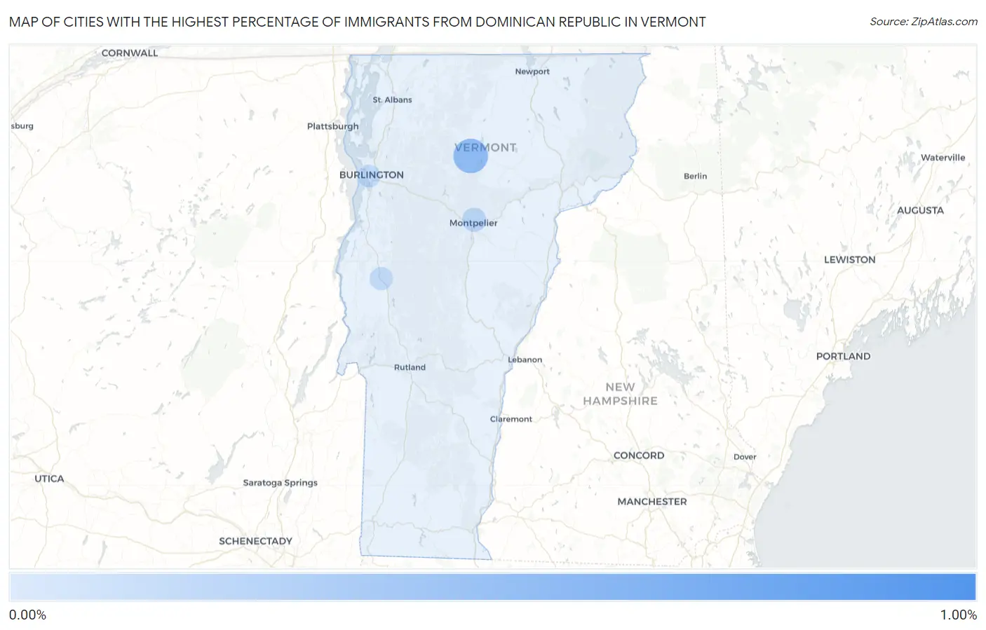 Cities with the Highest Percentage of Immigrants from Dominican Republic in Vermont Map