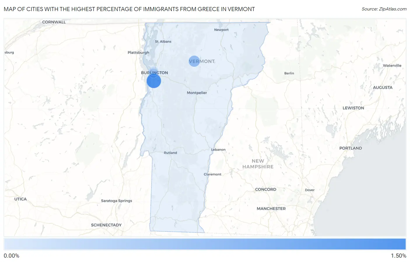 Cities with the Highest Percentage of Immigrants from Greece in Vermont Map