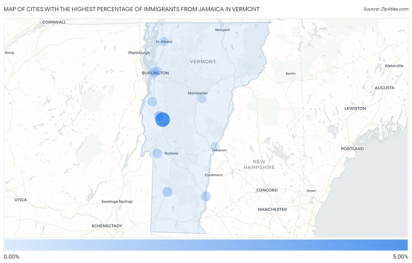 Cities with the Highest Percentage of Immigrants from Jamaica in Vermont Map