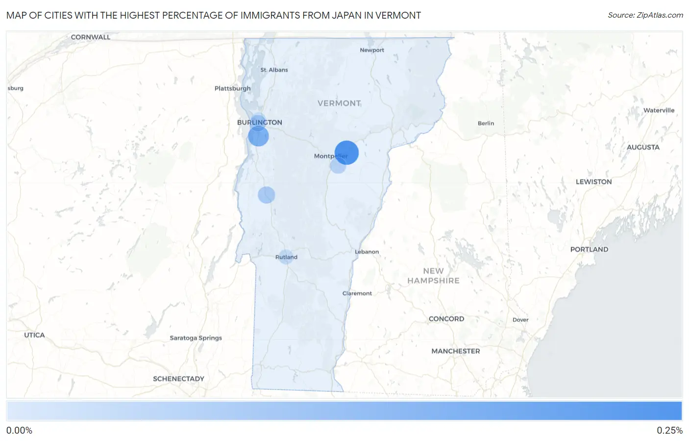 Cities with the Highest Percentage of Immigrants from Japan in Vermont Map