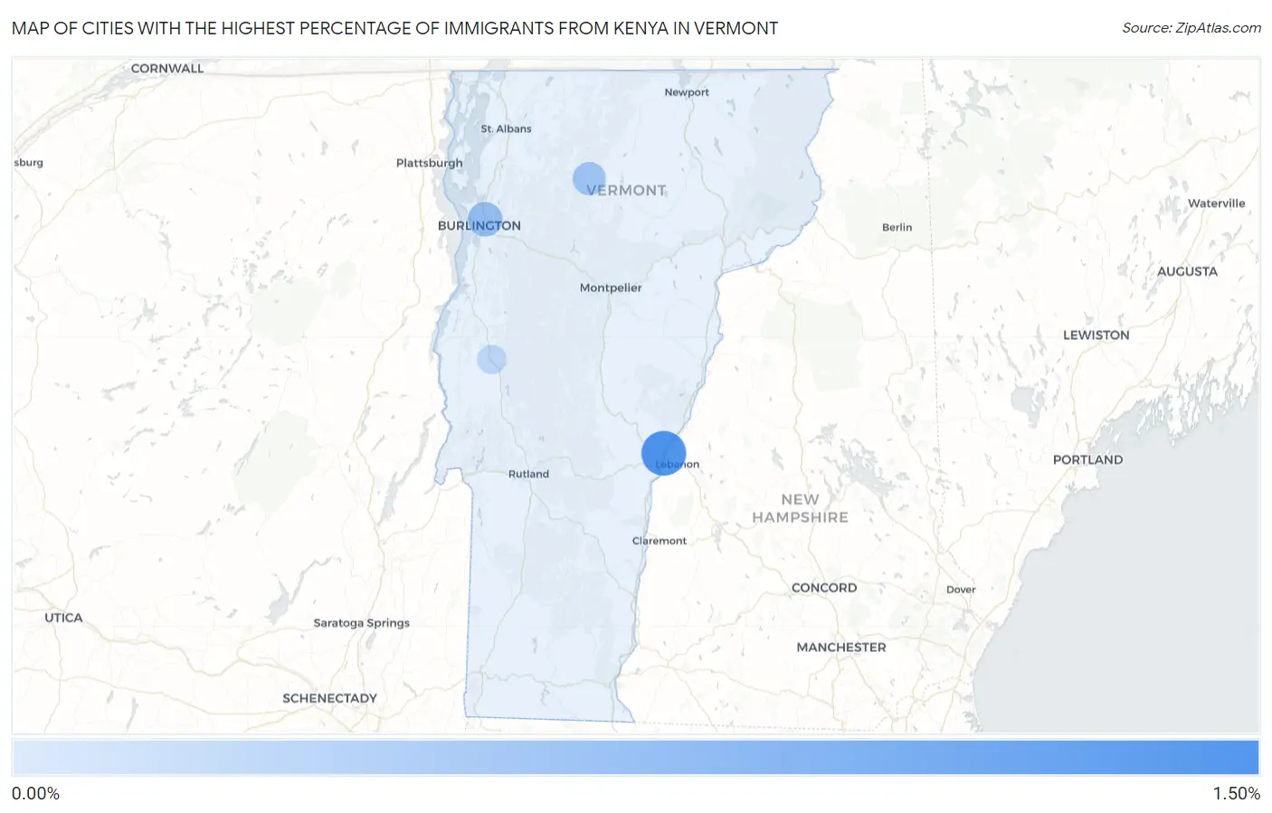 Cities with the Highest Percentage of Immigrants from Kenya in Vermont Map