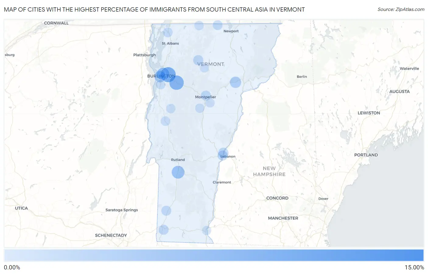 Cities with the Highest Percentage of Immigrants from South Central Asia in Vermont Map