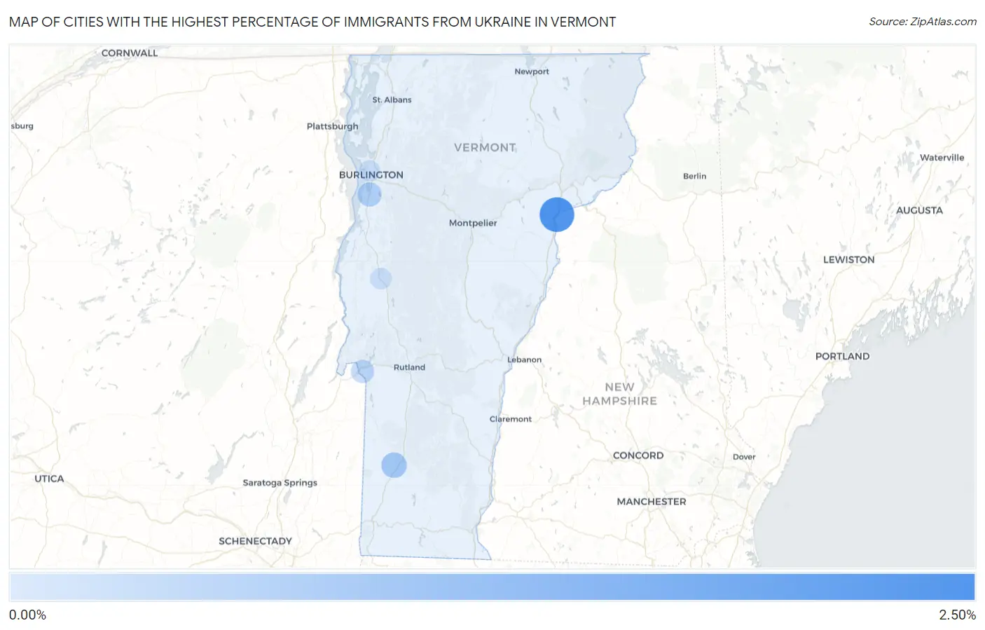 Cities with the Highest Percentage of Immigrants from Ukraine in Vermont Map