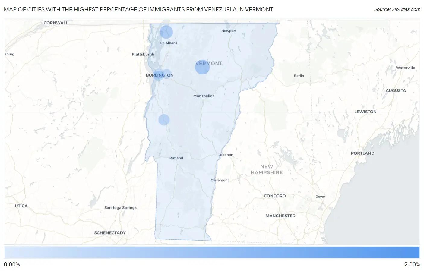 Cities with the Highest Percentage of Immigrants from Venezuela in Vermont Map