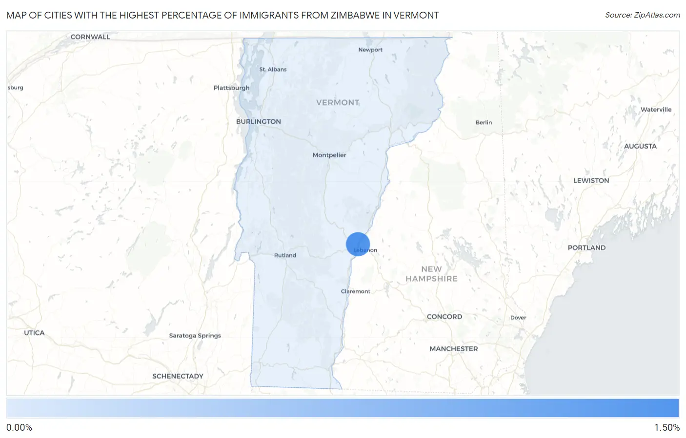Cities with the Highest Percentage of Immigrants from Zimbabwe in Vermont Map