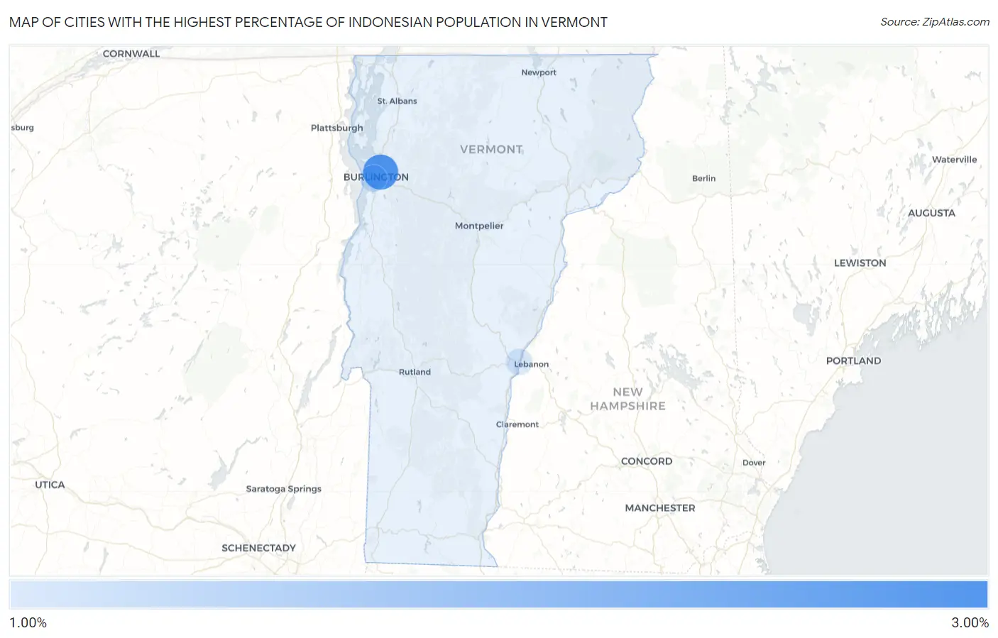 Cities with the Highest Percentage of Indonesian Population in Vermont Map