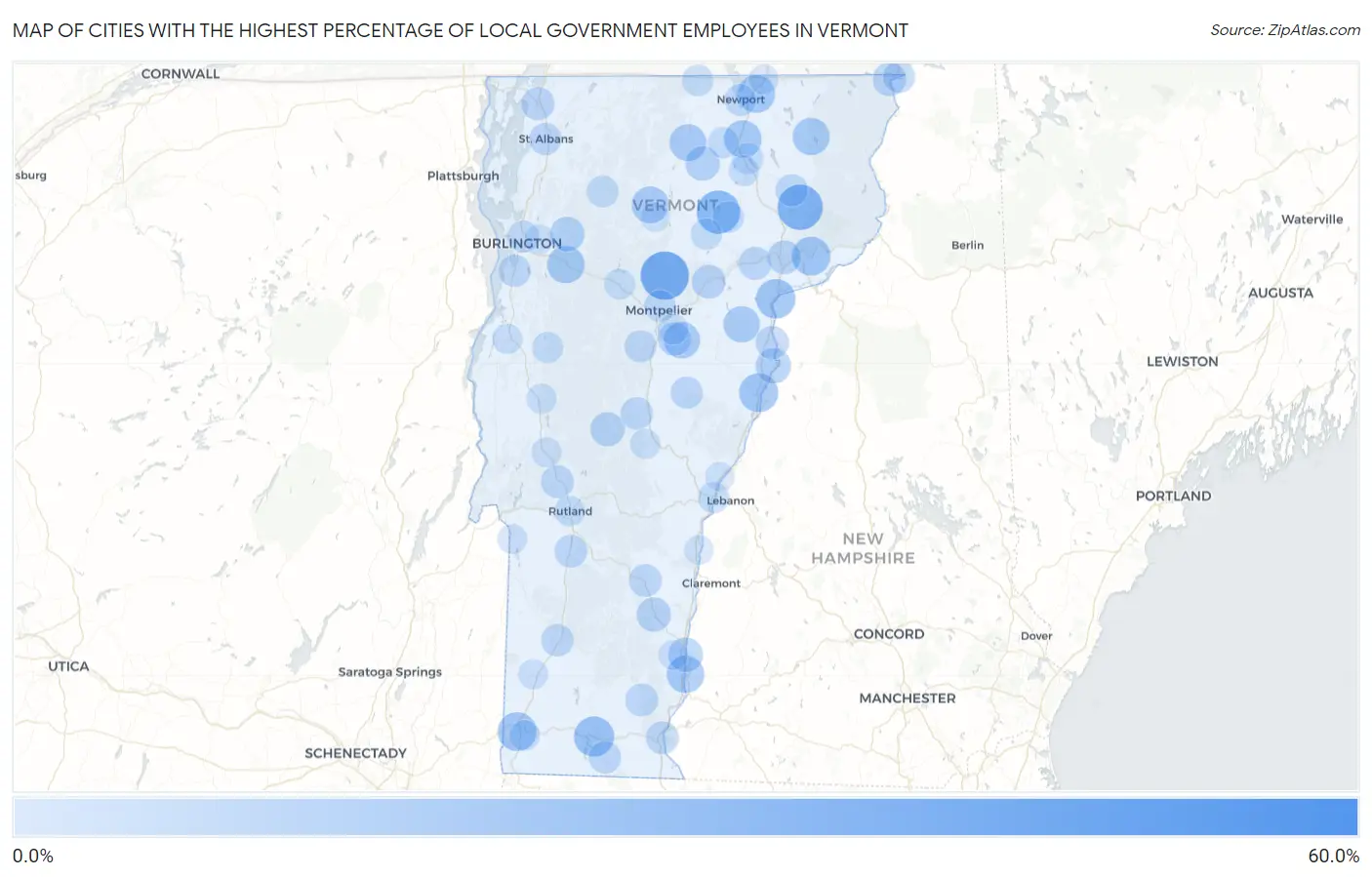 Cities with the Highest Percentage of Local Government Employees in Vermont Map