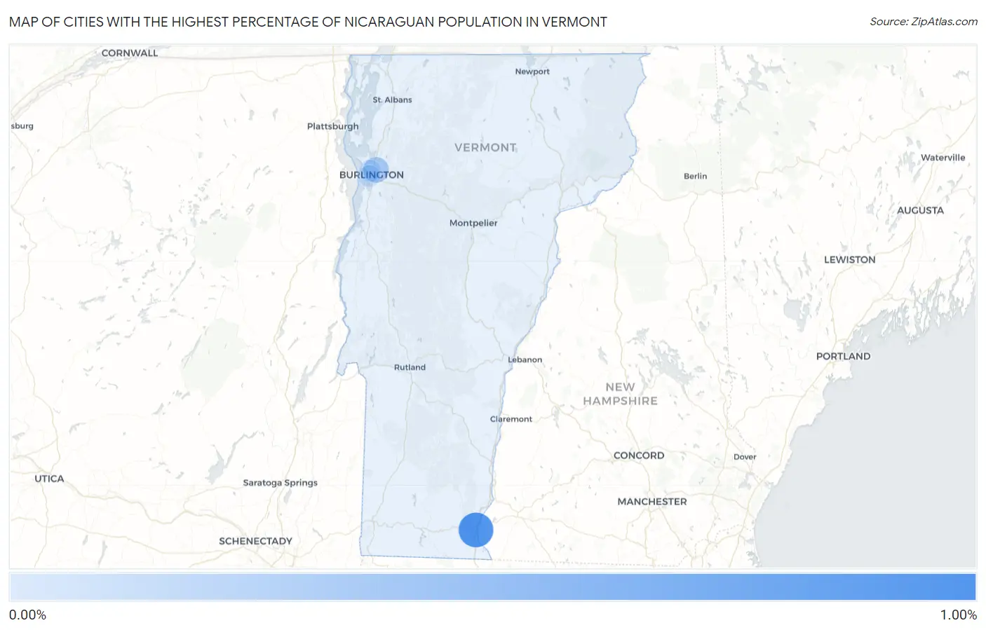 Cities with the Highest Percentage of Nicaraguan Population in Vermont Map