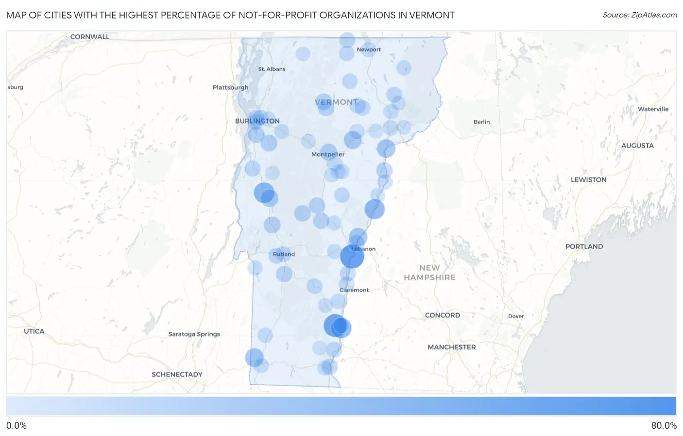 Cities with the Highest Percentage of Not-for-profit Organizations in Vermont Map