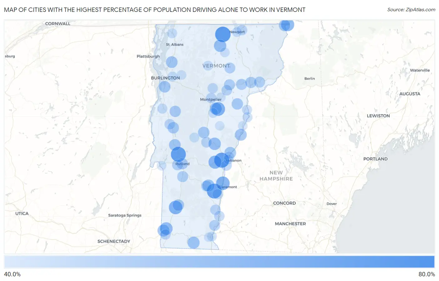Cities with the Highest Percentage of Population Driving Alone to Work in Vermont Map