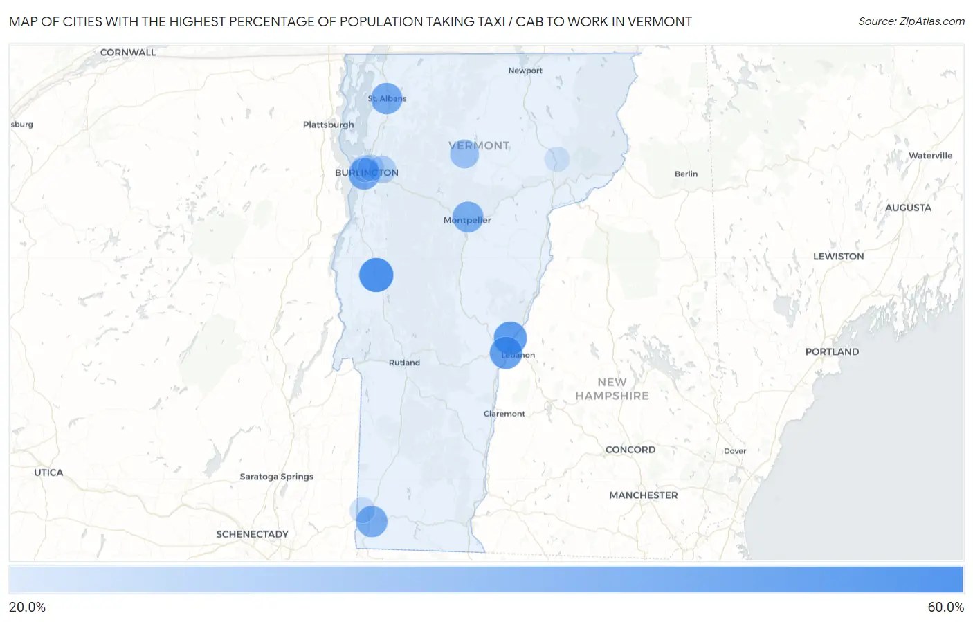 Cities with the Highest Percentage of Population Taking Taxi / Cab to Work in Vermont Map