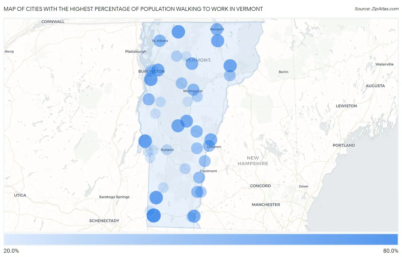 Cities with the Highest Percentage of Population Walking to Work in Vermont Map