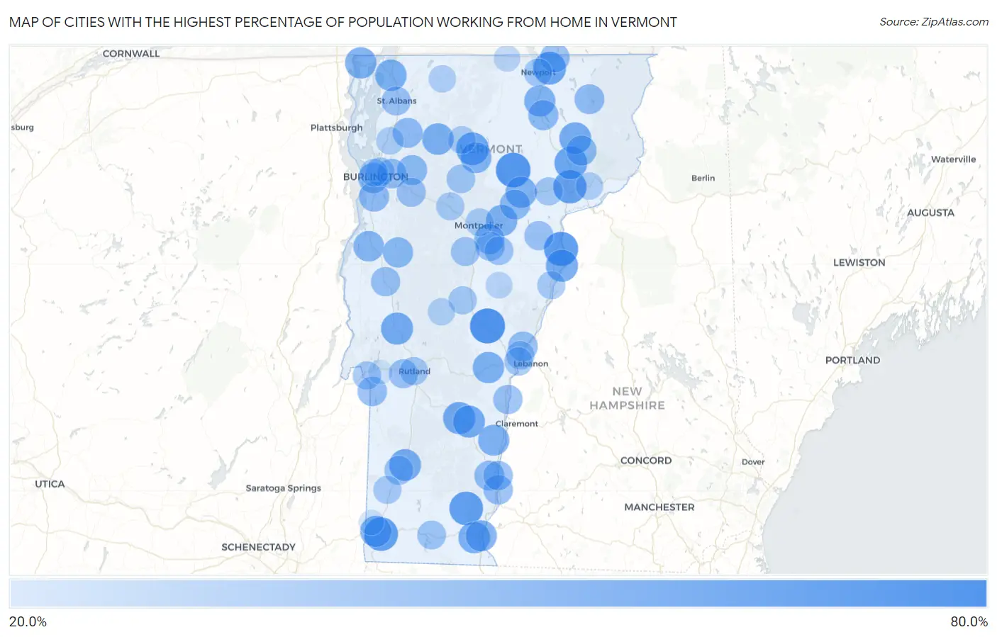 Cities with the Highest Percentage of Population Working from Home in Vermont Map