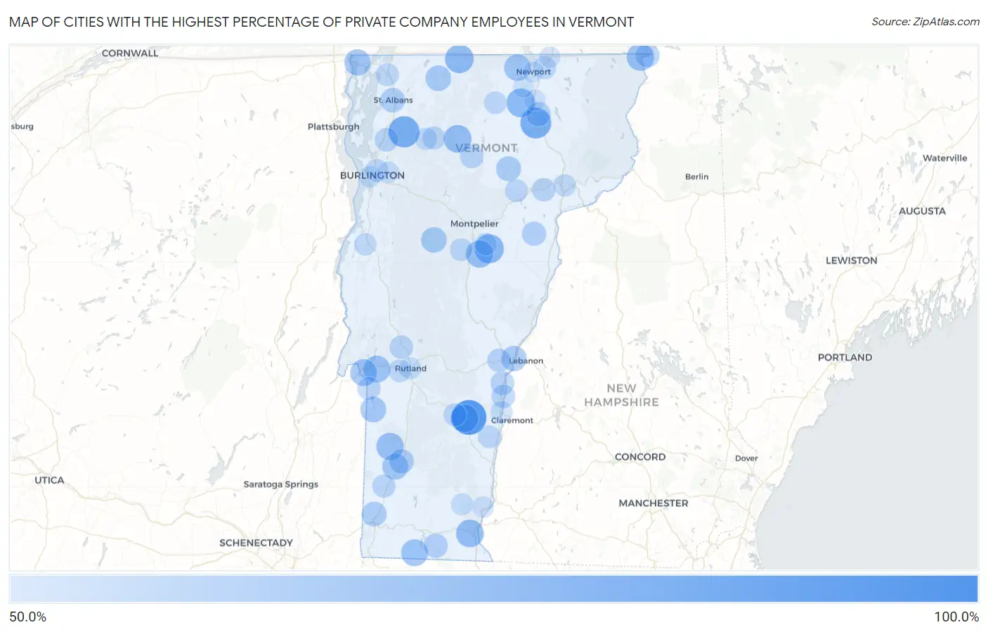 Cities with the Highest Percentage of Private Company Employees in Vermont Map