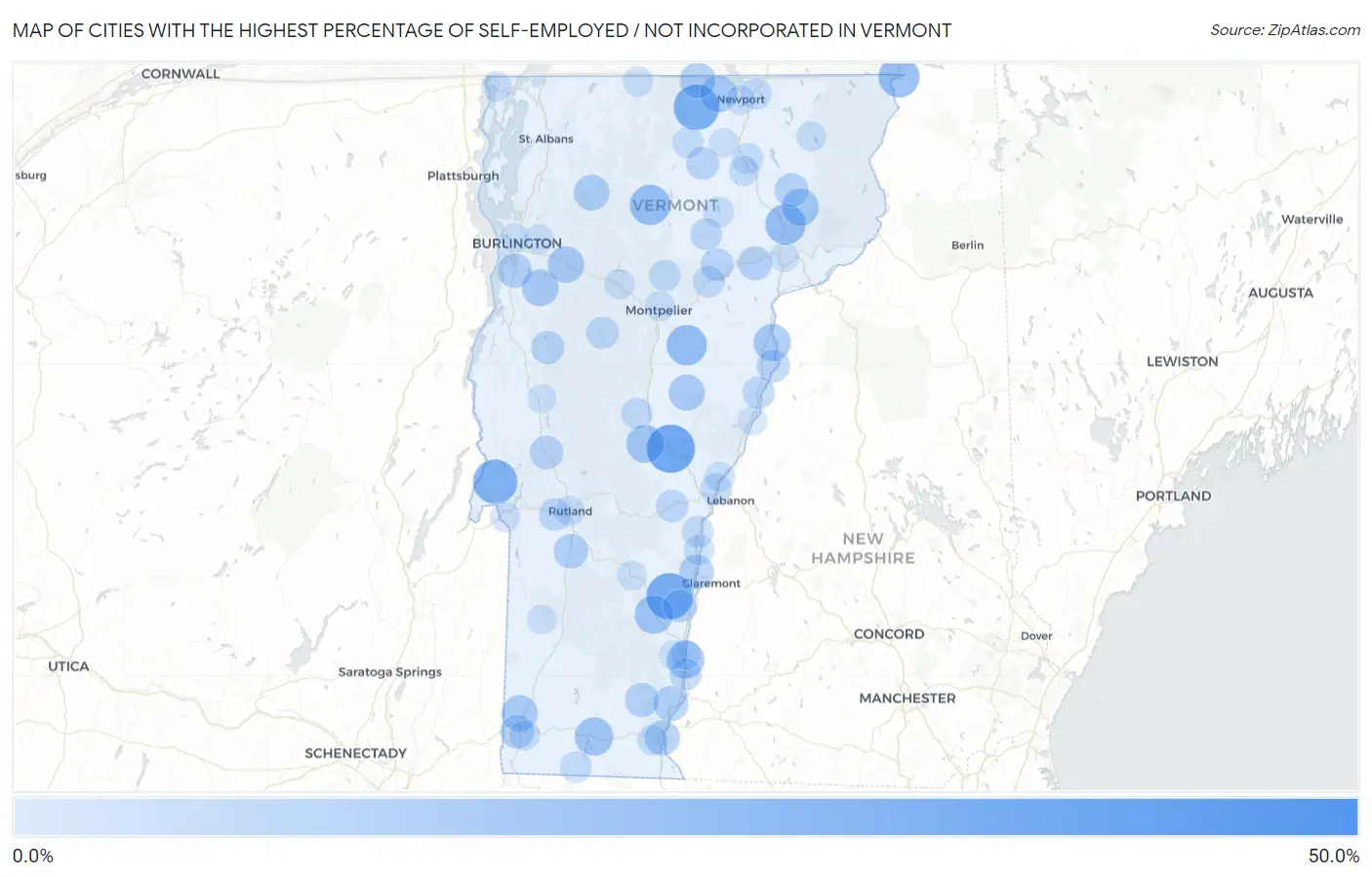 Cities with the Highest Percentage of Self-Employed / Not Incorporated in Vermont Map