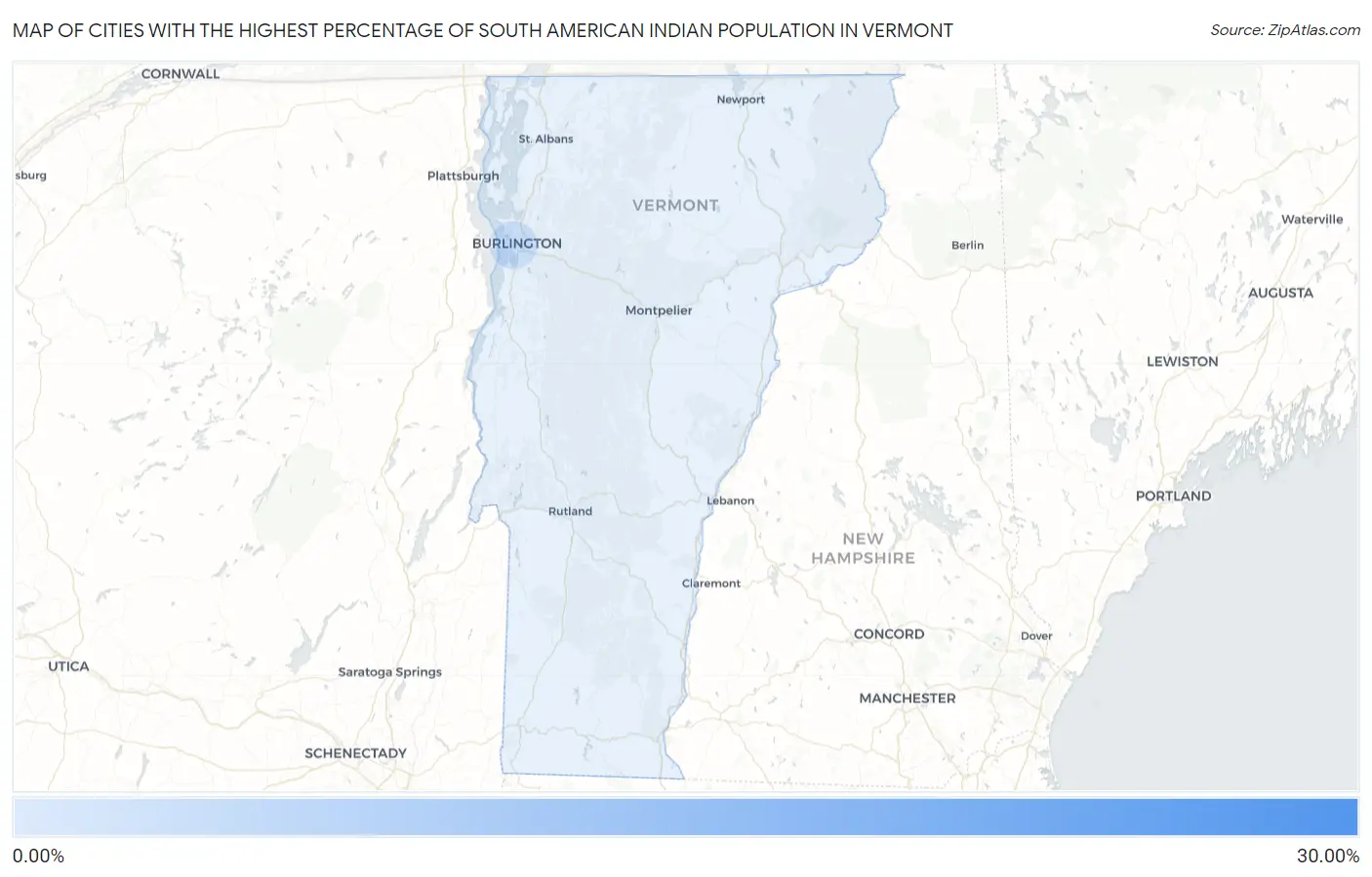 Cities with the Highest Percentage of South American Indian Population in Vermont Map