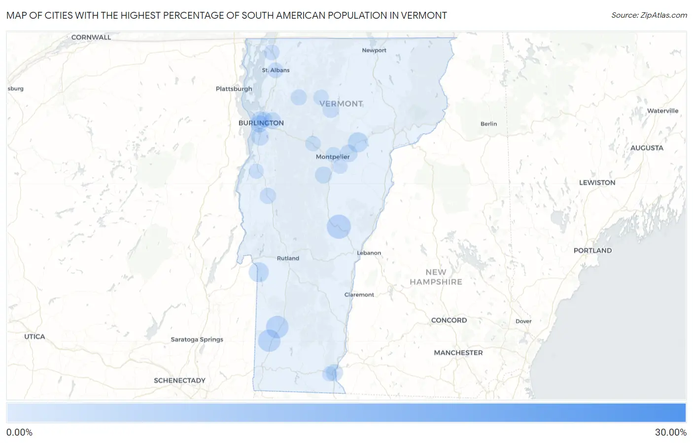 Cities with the Highest Percentage of South American Population in Vermont Map