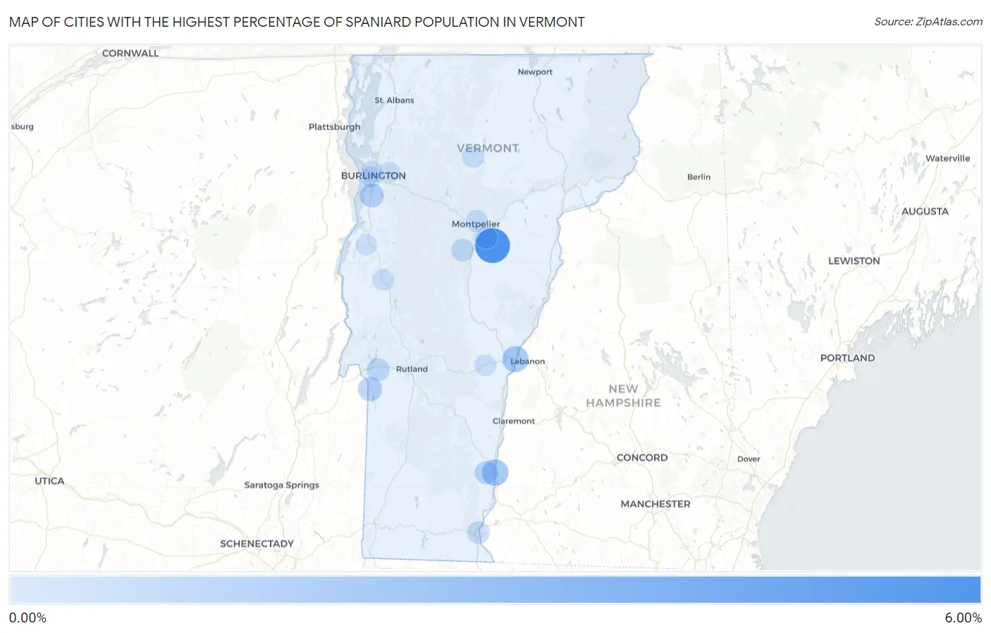 Cities with the Highest Percentage of Spaniard Population in Vermont Map