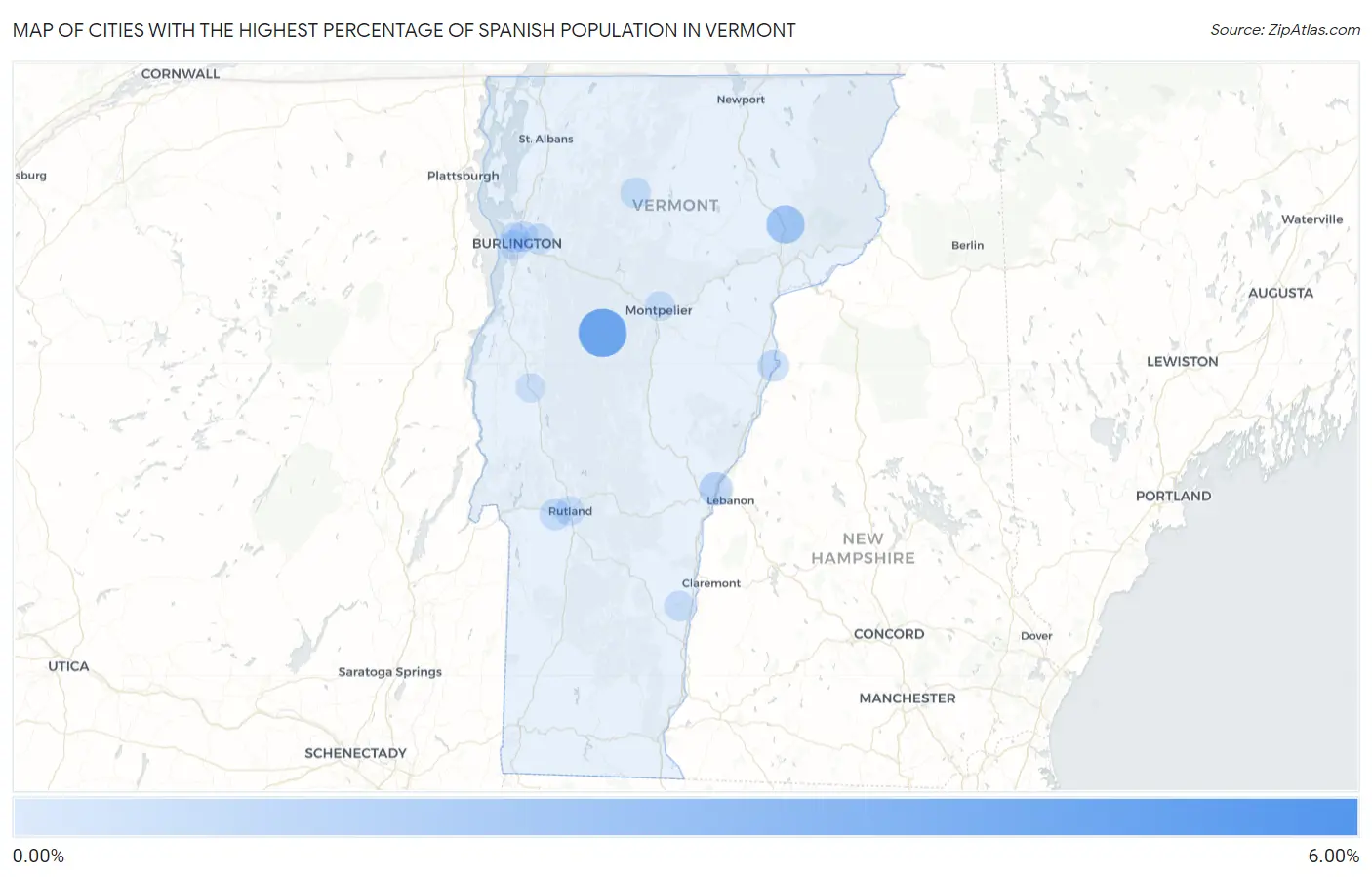 Cities with the Highest Percentage of Spanish Population in Vermont Map