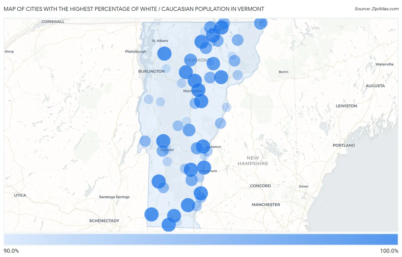 Cities with the Highest Percentage of White / Caucasian Population in Vermont Map