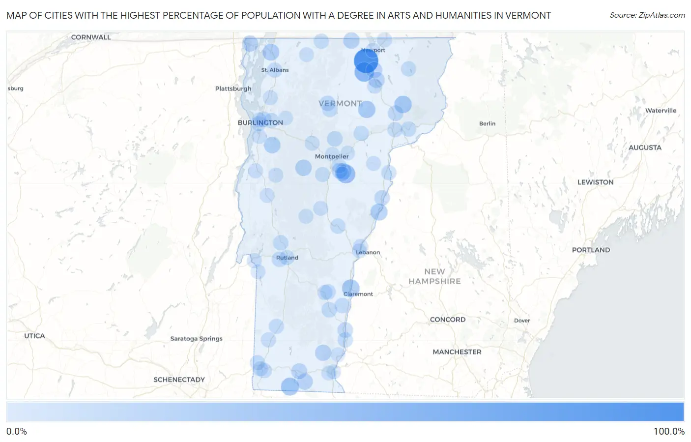 Cities with the Highest Percentage of Population with a Degree in Arts and Humanities in Vermont Map