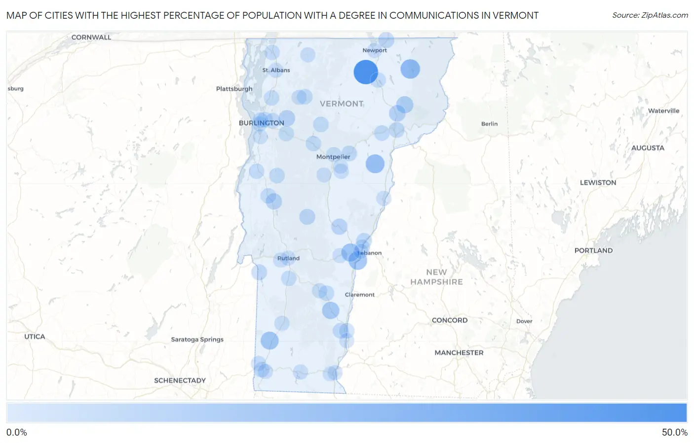 Cities with the Highest Percentage of Population with a Degree in Communications in Vermont Map