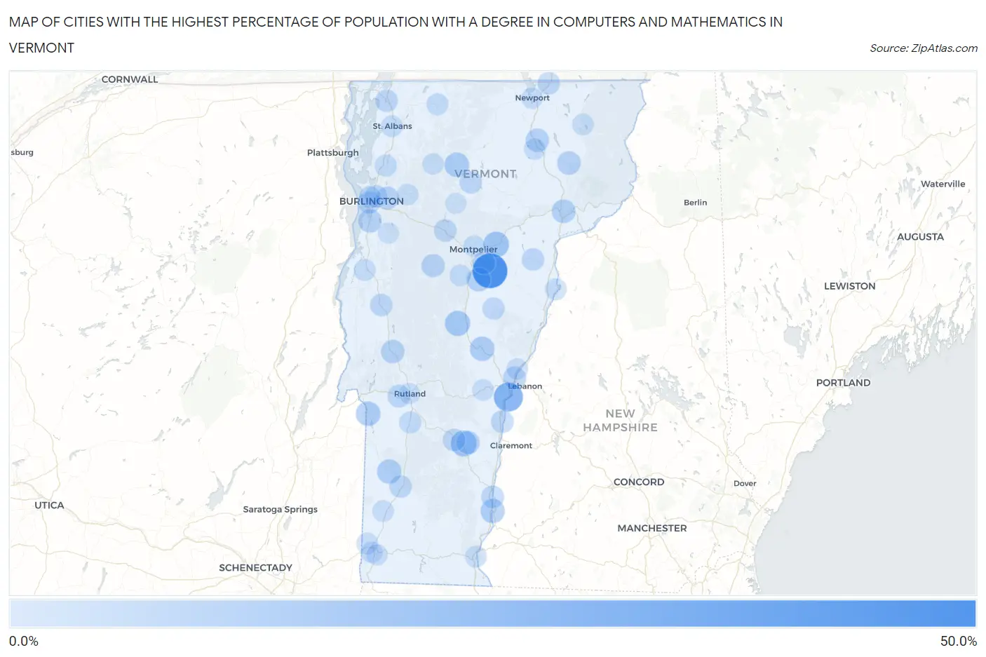 Cities with the Highest Percentage of Population with a Degree in Computers and Mathematics in Vermont Map