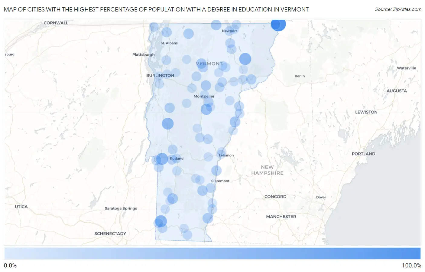 Cities with the Highest Percentage of Population with a Degree in Education in Vermont Map