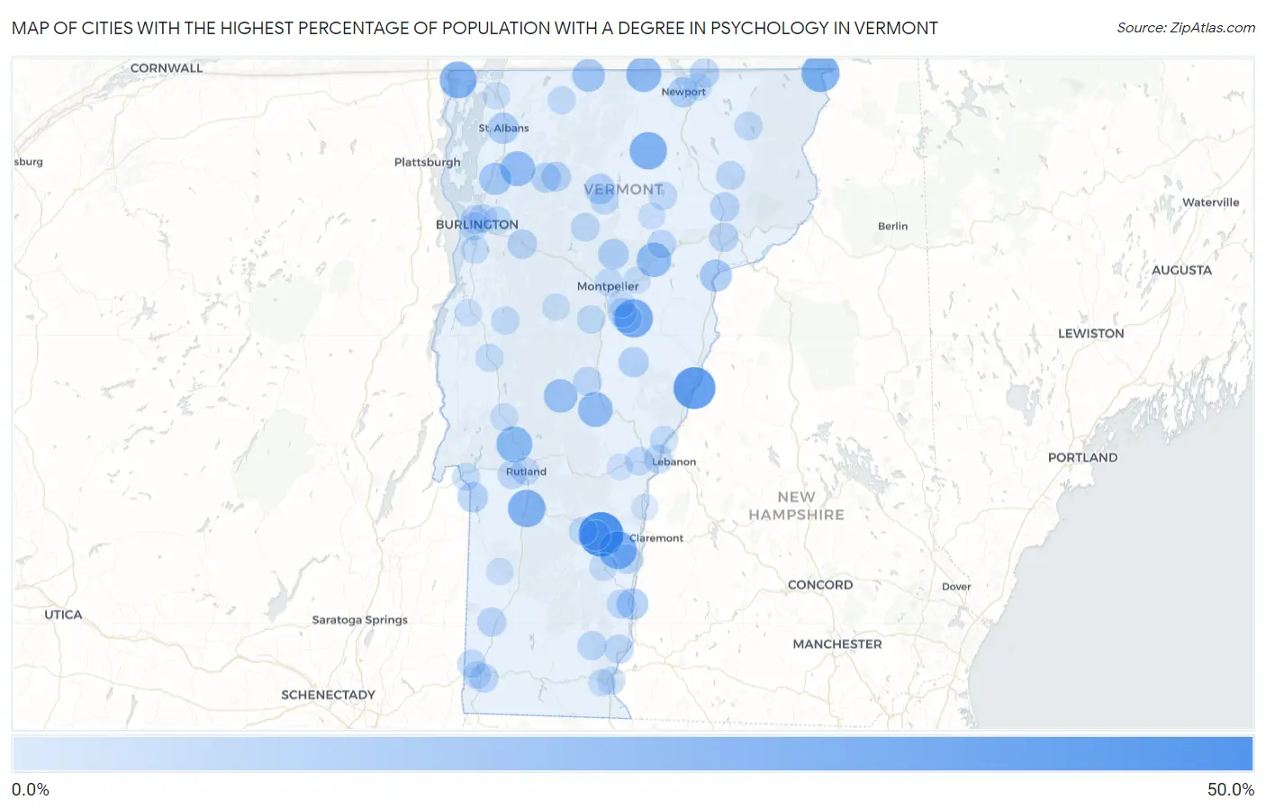 Cities with the Highest Percentage of Population with a Degree in Psychology in Vermont Map