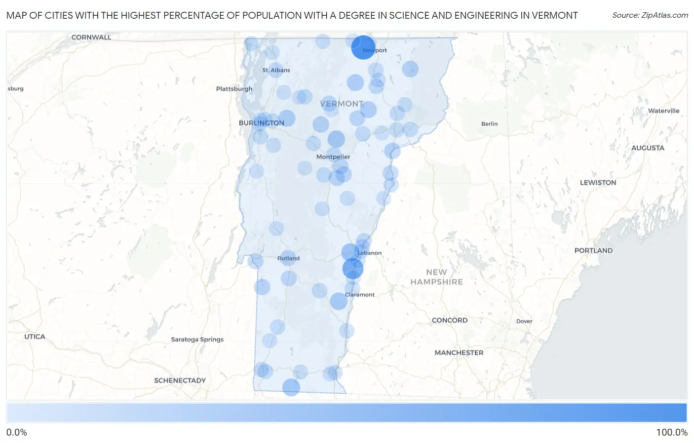Cities with the Highest Percentage of Population with a Degree in Science and Engineering in Vermont Map