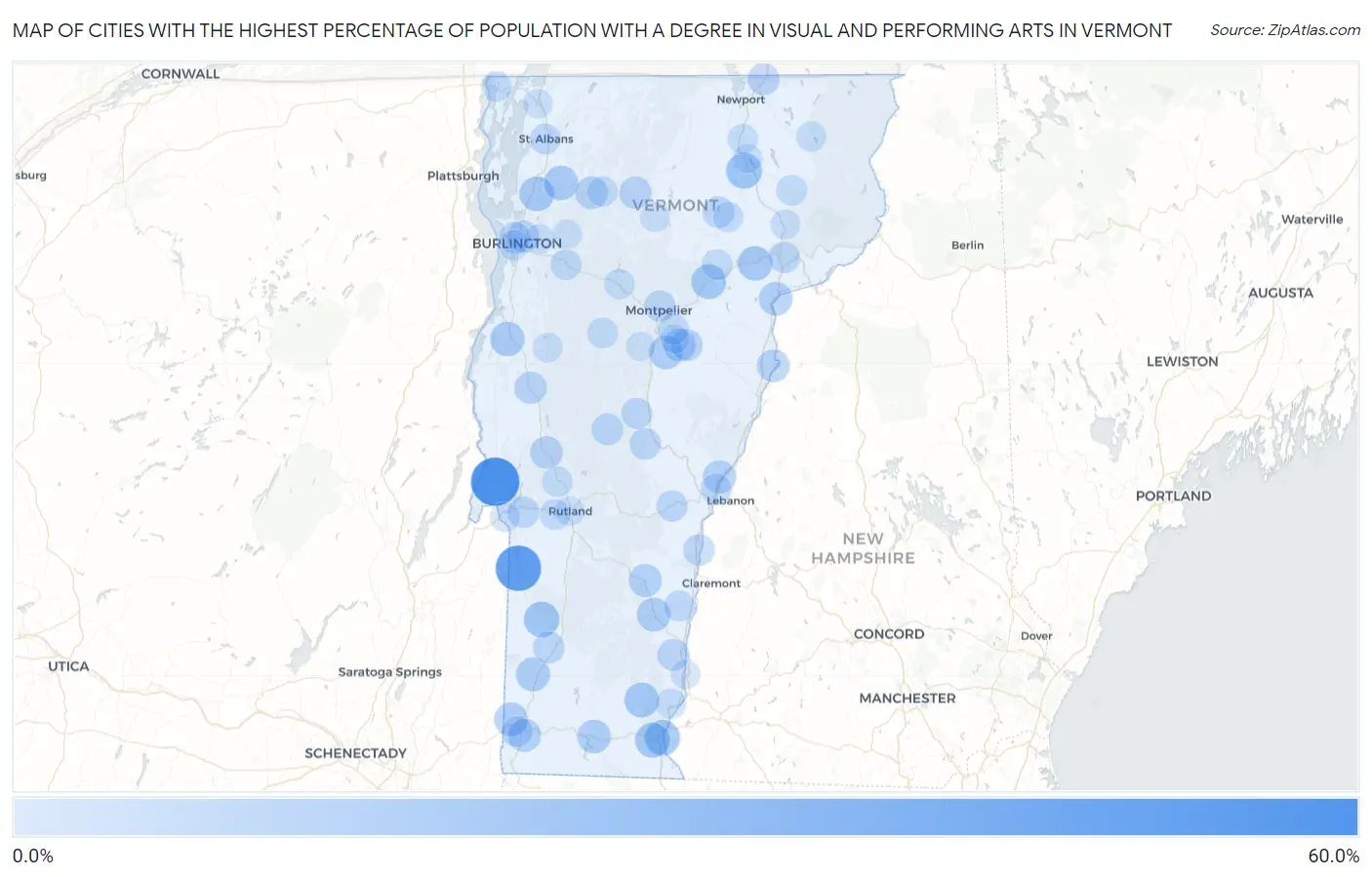 Cities with the Highest Percentage of Population with a Degree in Visual and Performing Arts in Vermont Map