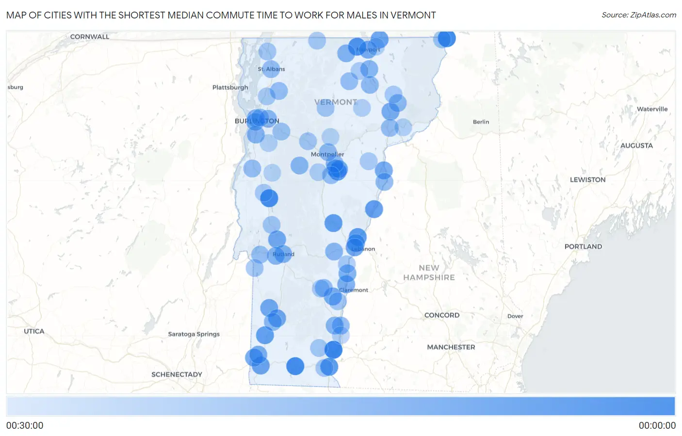 Cities with the Shortest Median Commute Time to Work for Males in Vermont Map