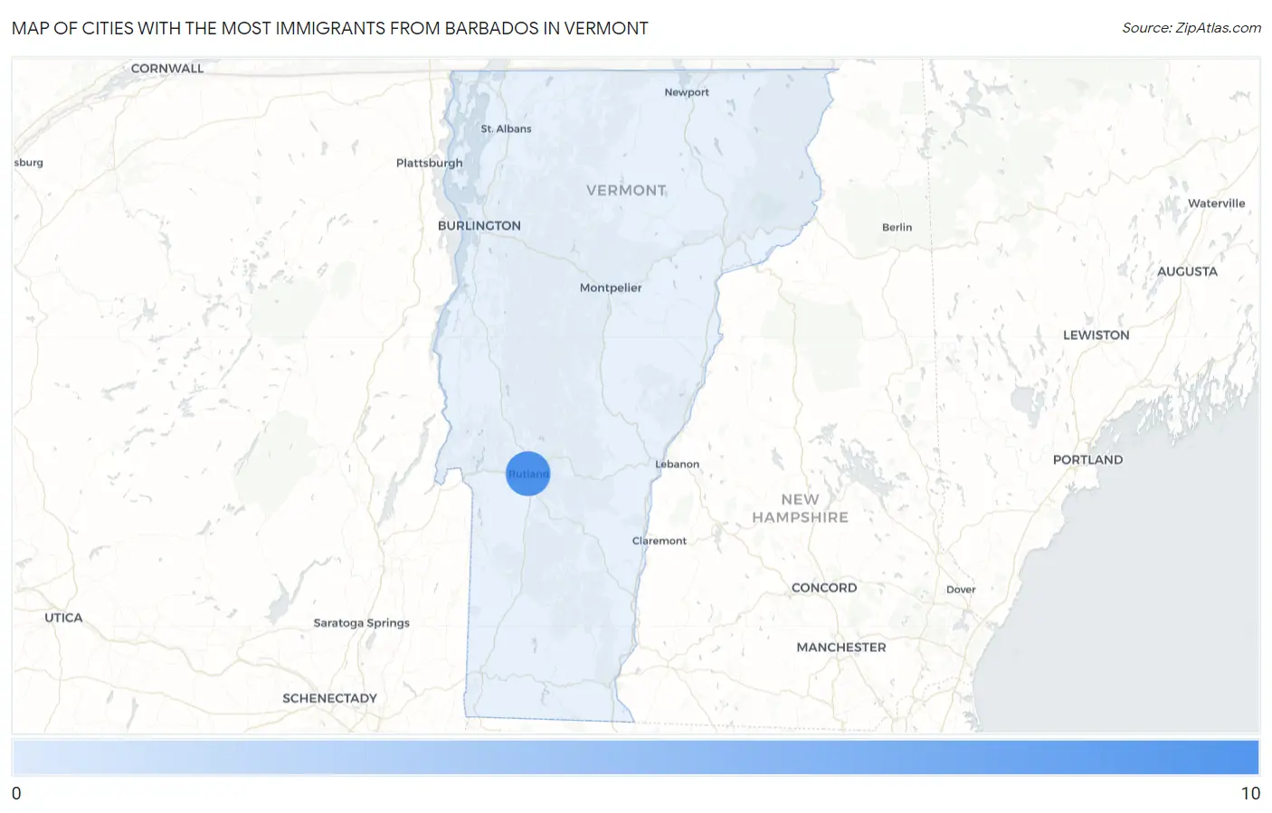 Cities with the Most Immigrants from Barbados in Vermont Map