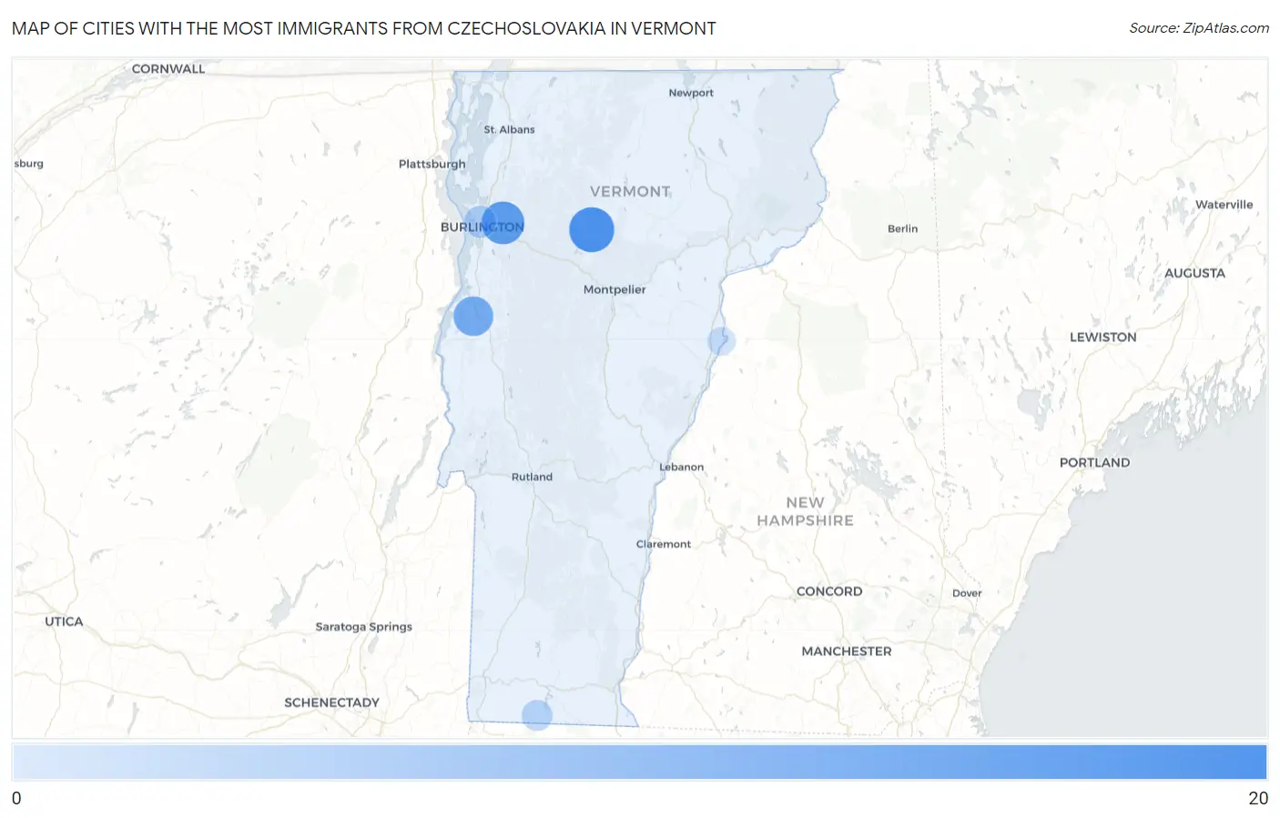 Cities with the Most Immigrants from Czechoslovakia in Vermont Map