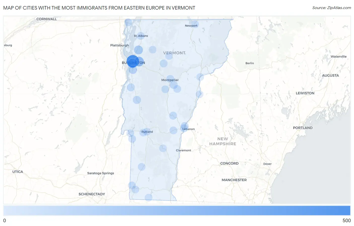 Cities with the Most Immigrants from Eastern Europe in Vermont Map