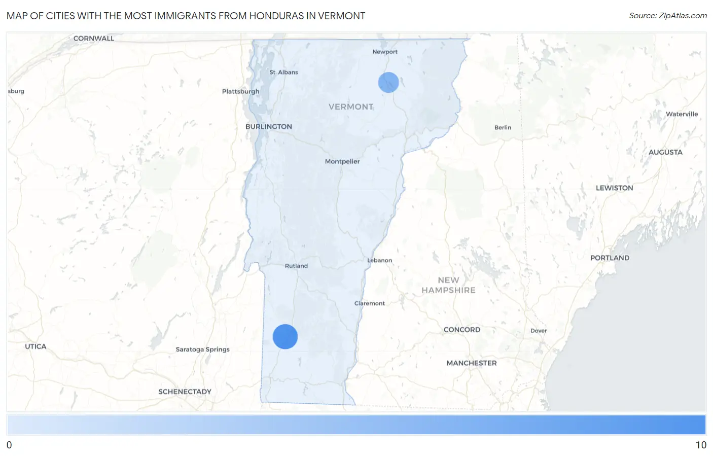 Cities with the Most Immigrants from Honduras in Vermont Map