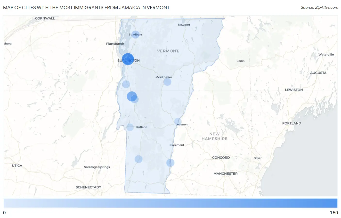 Cities with the Most Immigrants from Jamaica in Vermont Map