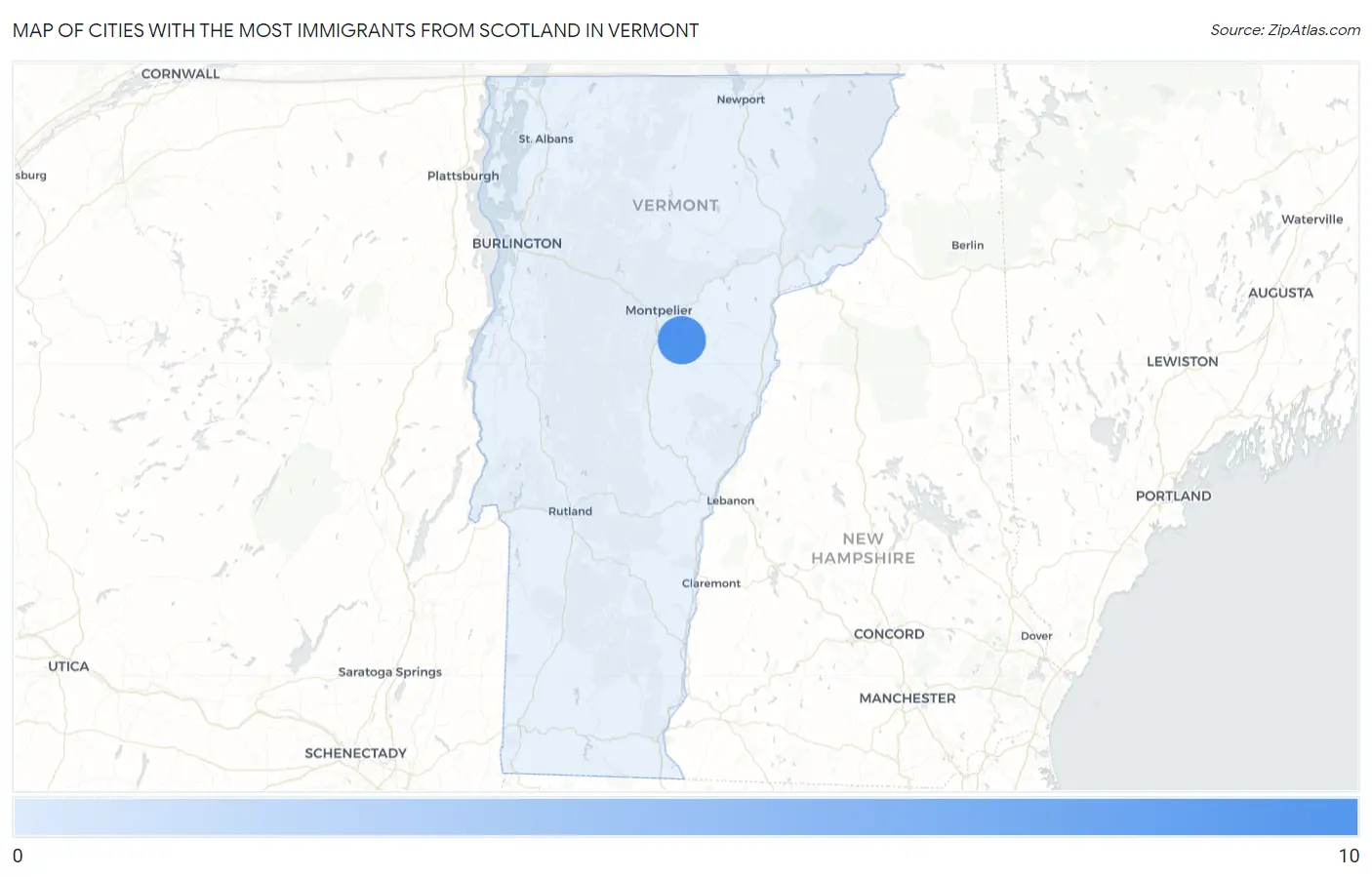 Cities with the Most Immigrants from Scotland in Vermont Map