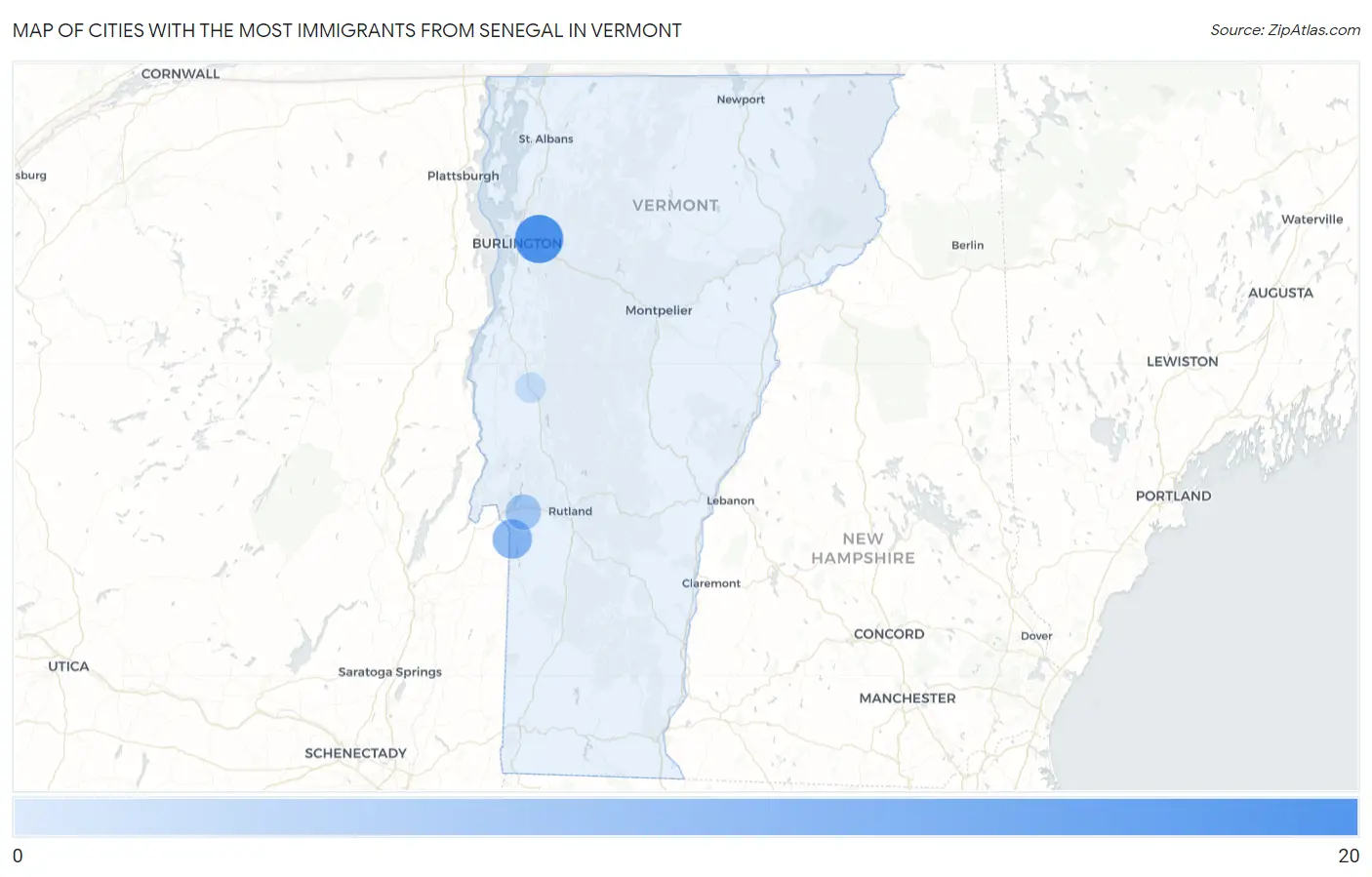 Cities with the Most Immigrants from Senegal in Vermont Map
