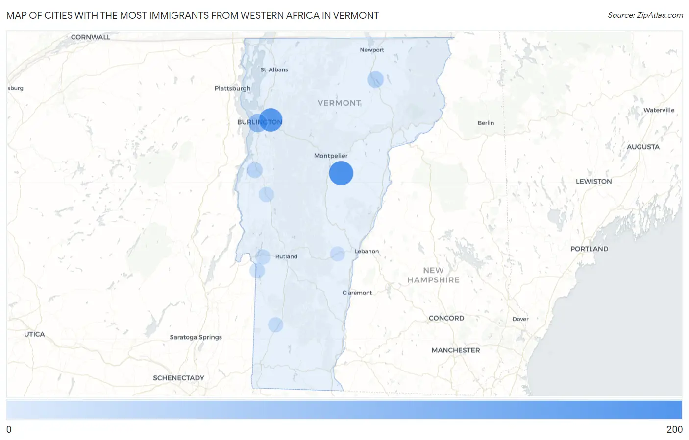 Cities with the Most Immigrants from Western Africa in Vermont Map